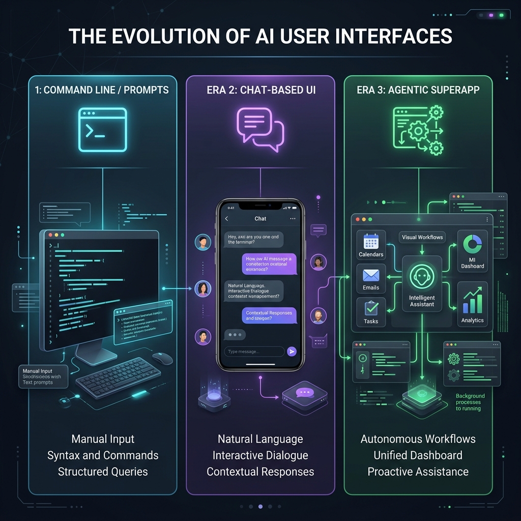 The Three Eras of AI User Interfaces: from Prompts to Chat to Agentic Superapps