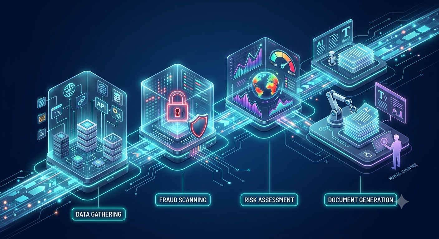 A futuristic digital pipeline showing data flowing through specialized AI agents for fraud detection, risk assessment, and document generation.