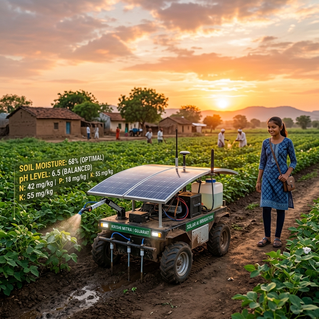 SaurSinchAI precision irrigation rover operating in Gujarat farmland at sunset