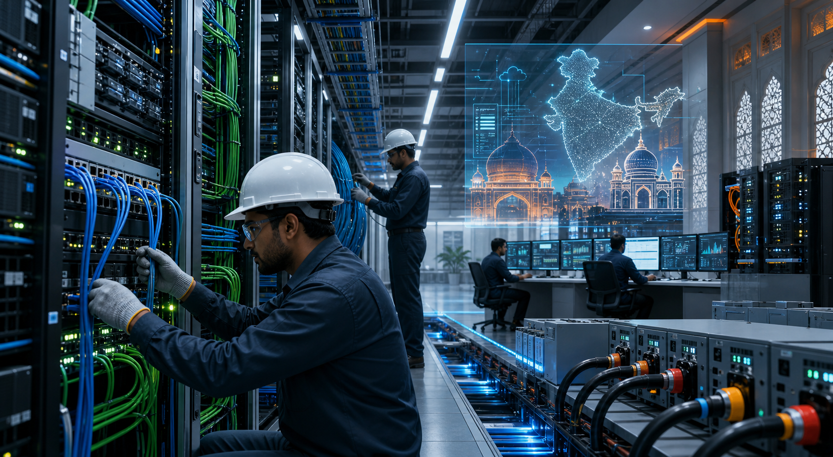 Editorial illustration of India's AI data-center infrastructure boom