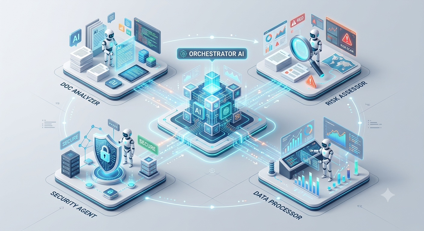 A 3D isometric illustration of a Multiagent AI System with a central orchestrator hub connecting to specialized task nodes.